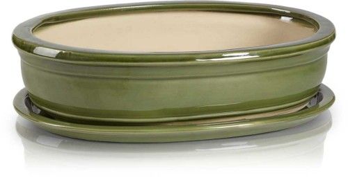 Doniczka z podstawka Ceramiczna Bonsai zielona 25X18X6 cm