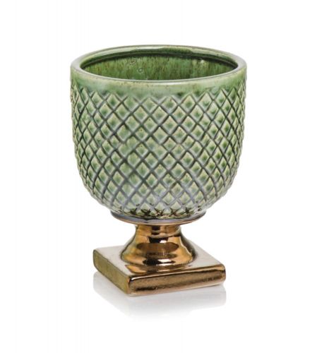 Doniczka wazon osłonka  vintage zielono- złota 15x19 cm