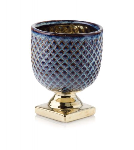 Doniczka wazon osłonka  vintage niebiesko- złota 15x19 cm